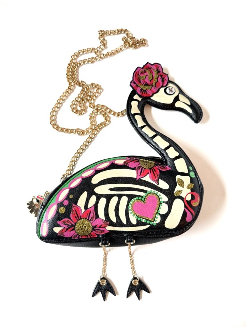 Betsey Johnson Flamingo Glow in the Dark Purse Crossbody Skeleton Sugar Skull
